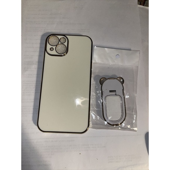 iPhone 13 Cream Colored Plastic Snap On Case With Gold Trim And Kickstand - Picture 2 of 3